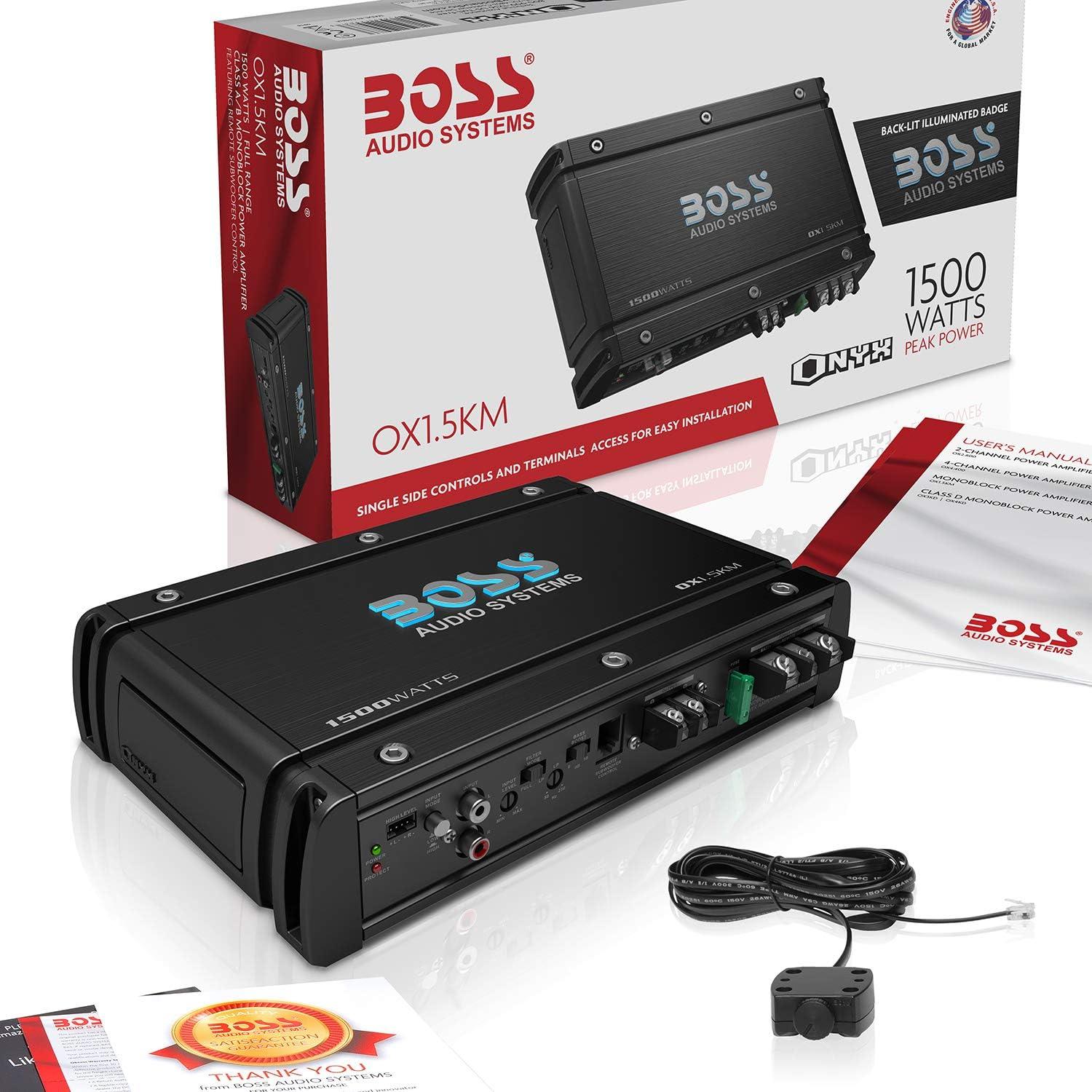 imageBOSS Audio Systems OX15KM Onyx Series Car Audio Subwoofer Amplifier  1500 High Output Class AB 24 Ohm LowHigh Level Inputs Low Pass Crossover MOSFET Power Monoblock Full Range1500W Monoblock